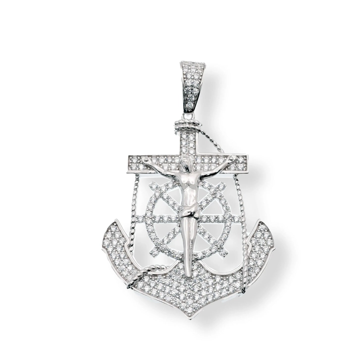925 Sterling Silver Rhodium Plated Jesus Cross Anchor Clear CZ 29.6mm x 35.1mm Pendant
