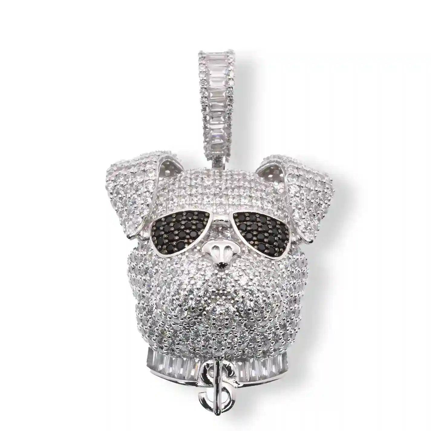 925 Sterling Silver Rhodium Plated Bulldog on Sunglasses Dollar Sign Baguette and Round Black Clear CZ 31.3mm x 36.3mm Pendant