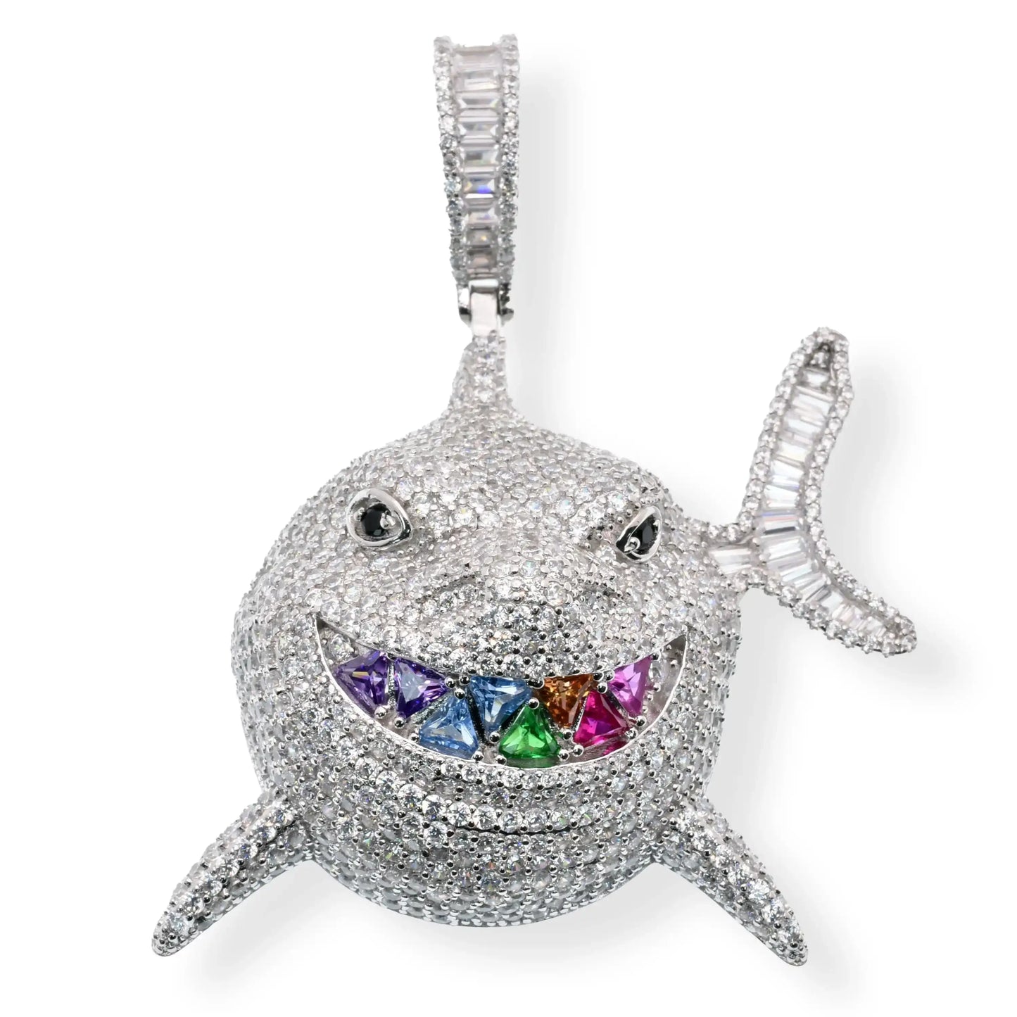 925 Sterling Silver Rhodium Plated Shark Attack Baguette and Round Multi Color CZ 43.1mm x 44.1mm Pendant