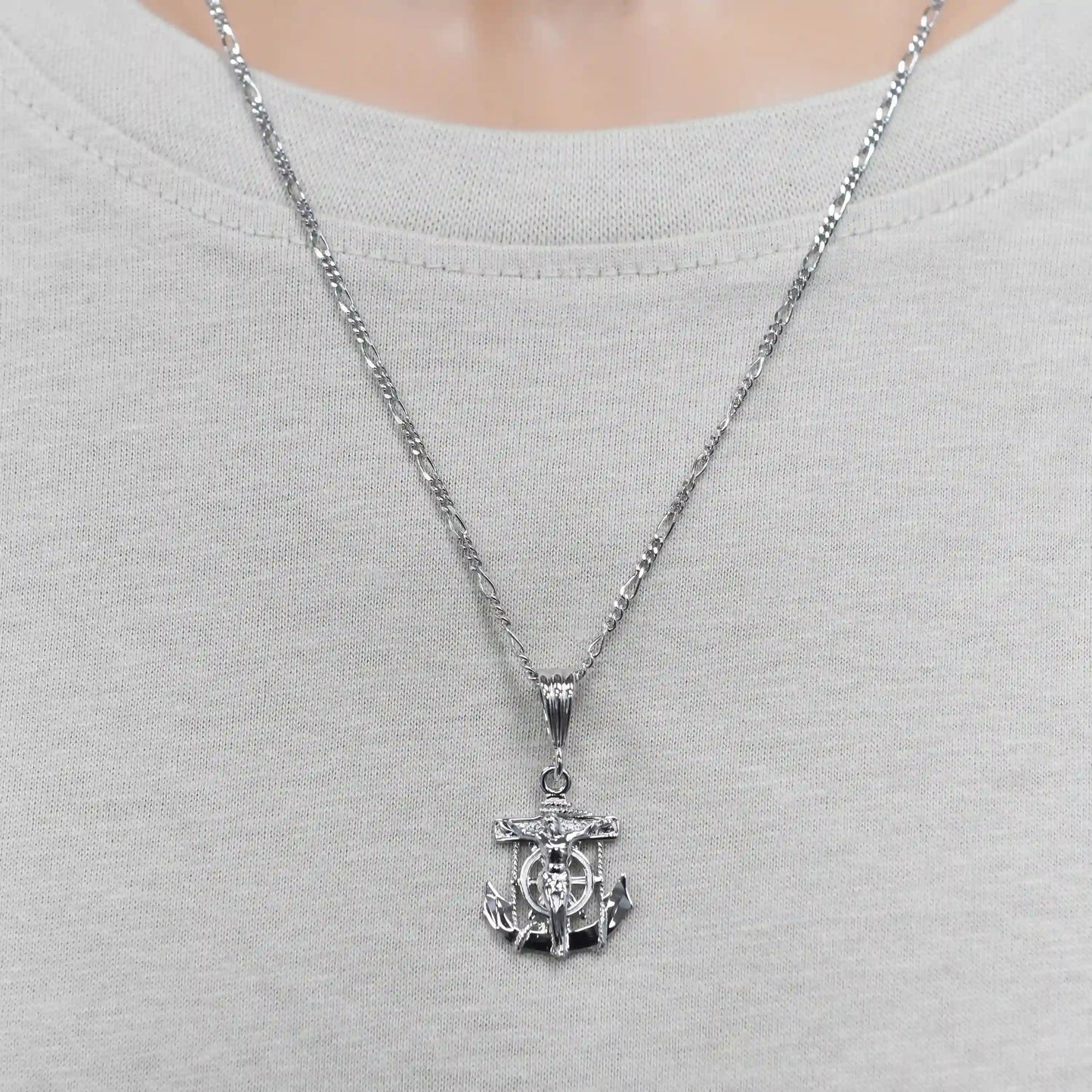 925 Sterling Silver Rhodium Plated Anchor Crucifix Nautical 16mm x 21mm Pendant