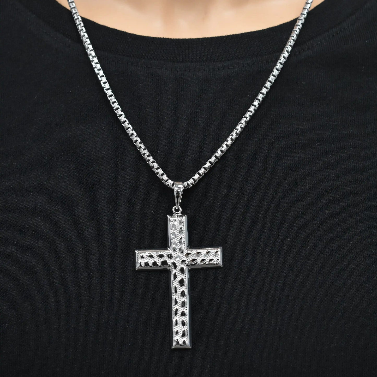 925 Sterling Silver Rhodium Plated Nugget Cross 35.5mm x 53mm Pendant