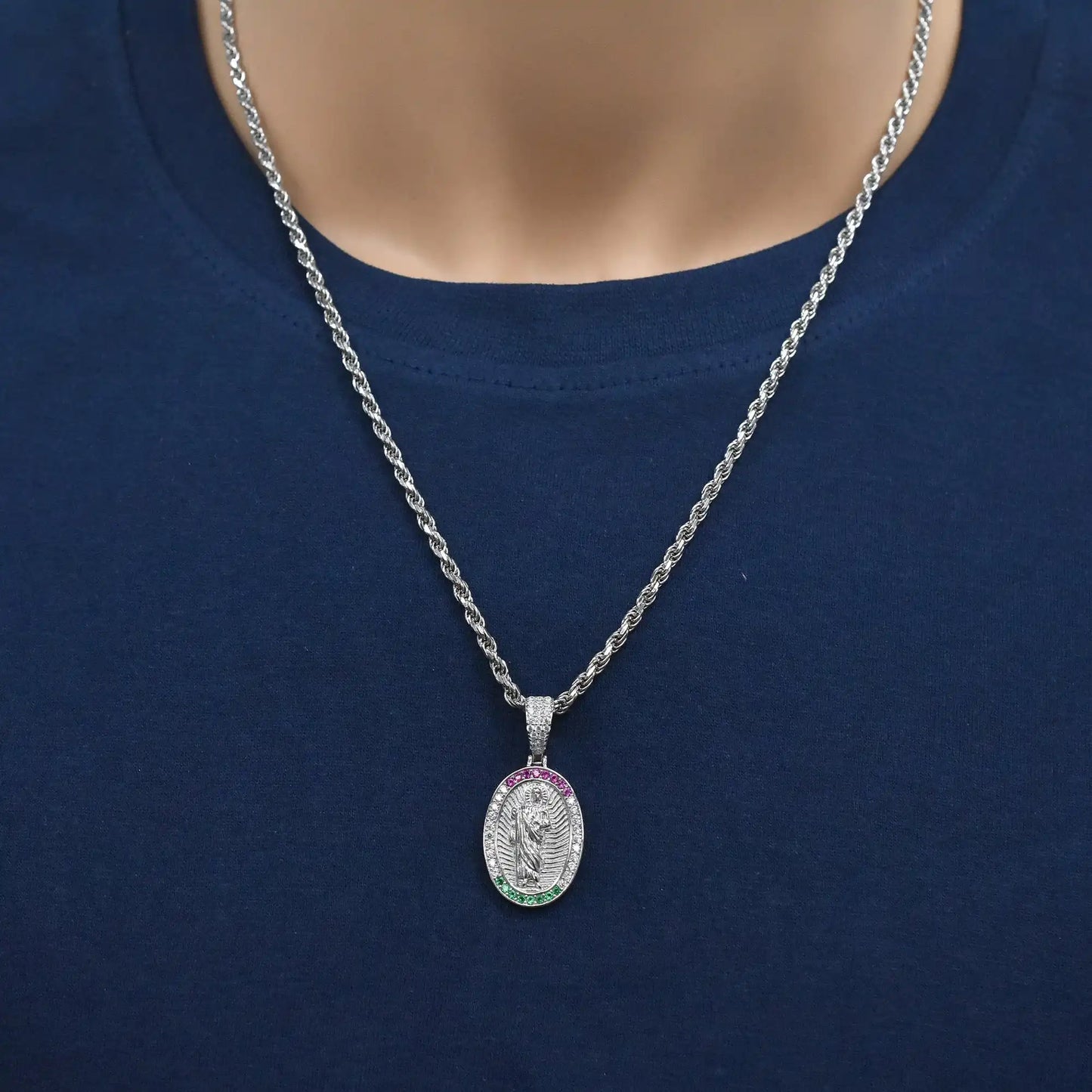 925 Sterling Silver Rhodium Plated Saint Jude Clear Red and Green 17mm x 24mm Oval Pendant