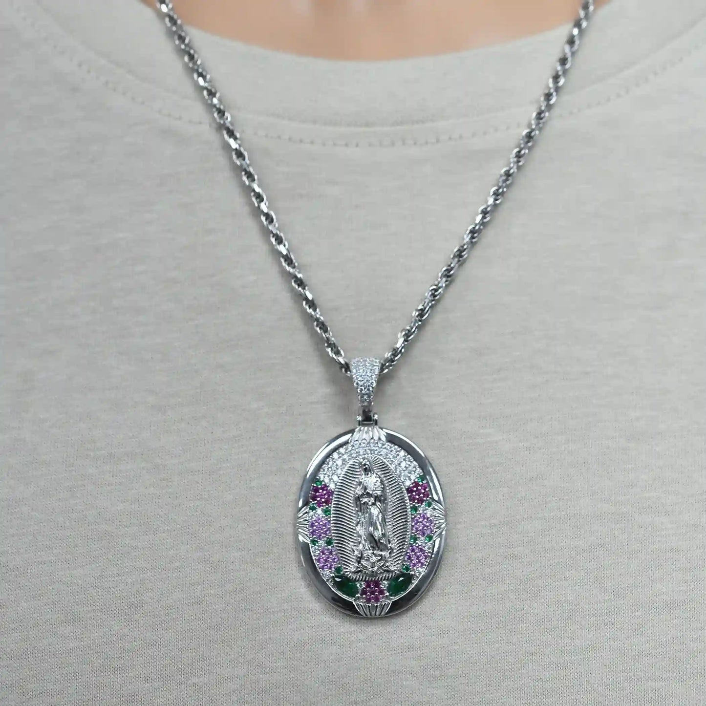 925 Sterling Silver Rhodium Plated Our Lady of Guadalupe Multicolor CZ Iced Out 28mm x 35mm Pendant