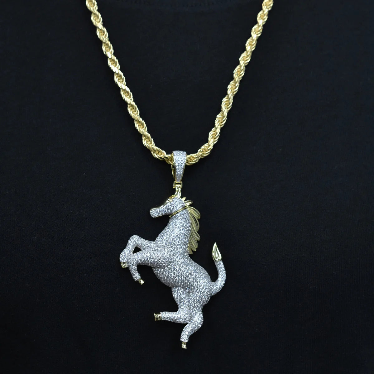 925 Sterling Silver Two-Tone Plated Iced Out Horse 53mm x 65mm Pendant