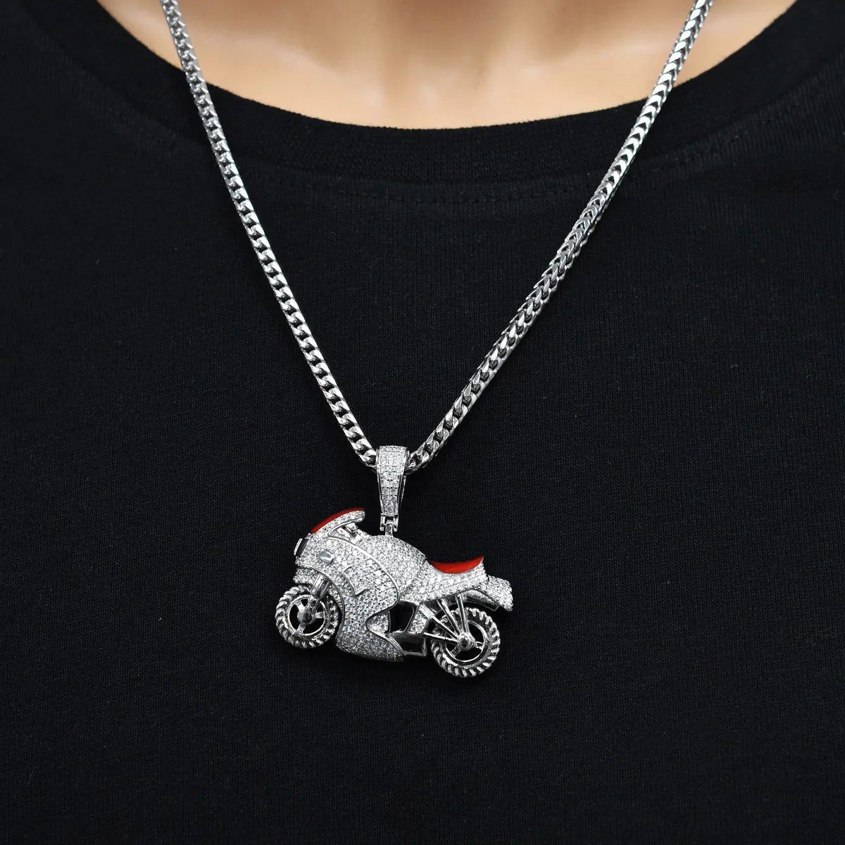 925 Sterling Silver Rhodium Plated Motorcycle Red Enamel Iced Out Clear CZ 39mm x 25mm Pendant