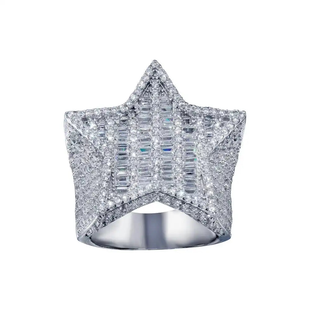 925 Sterling Silver Rhodium Plated CZ Encrusted Star Ring