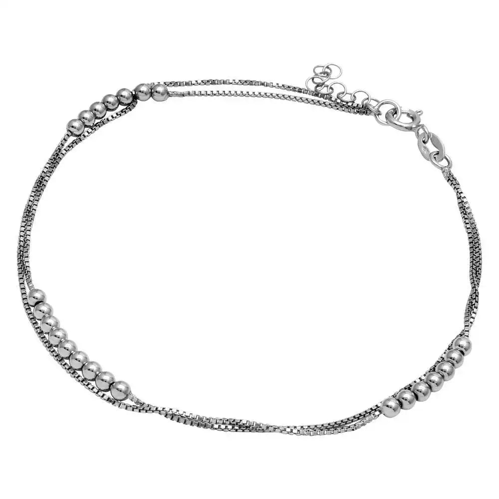 925 Sterling Silver Rhodium Plated Double Strand Bead Anklet
