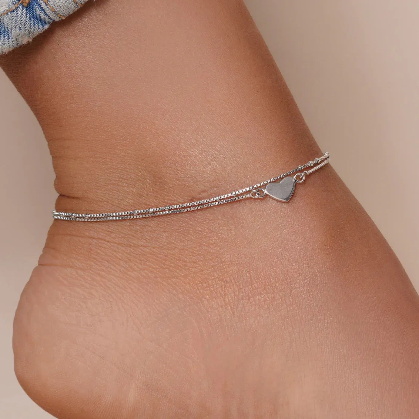 925 Sterling Silver Rhodium Plated Double Strand Heart Anklet