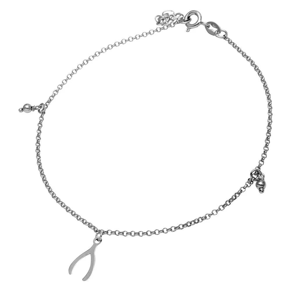 925 Sterling Silver Rhodium Plated Wishbone and Bead Anklet