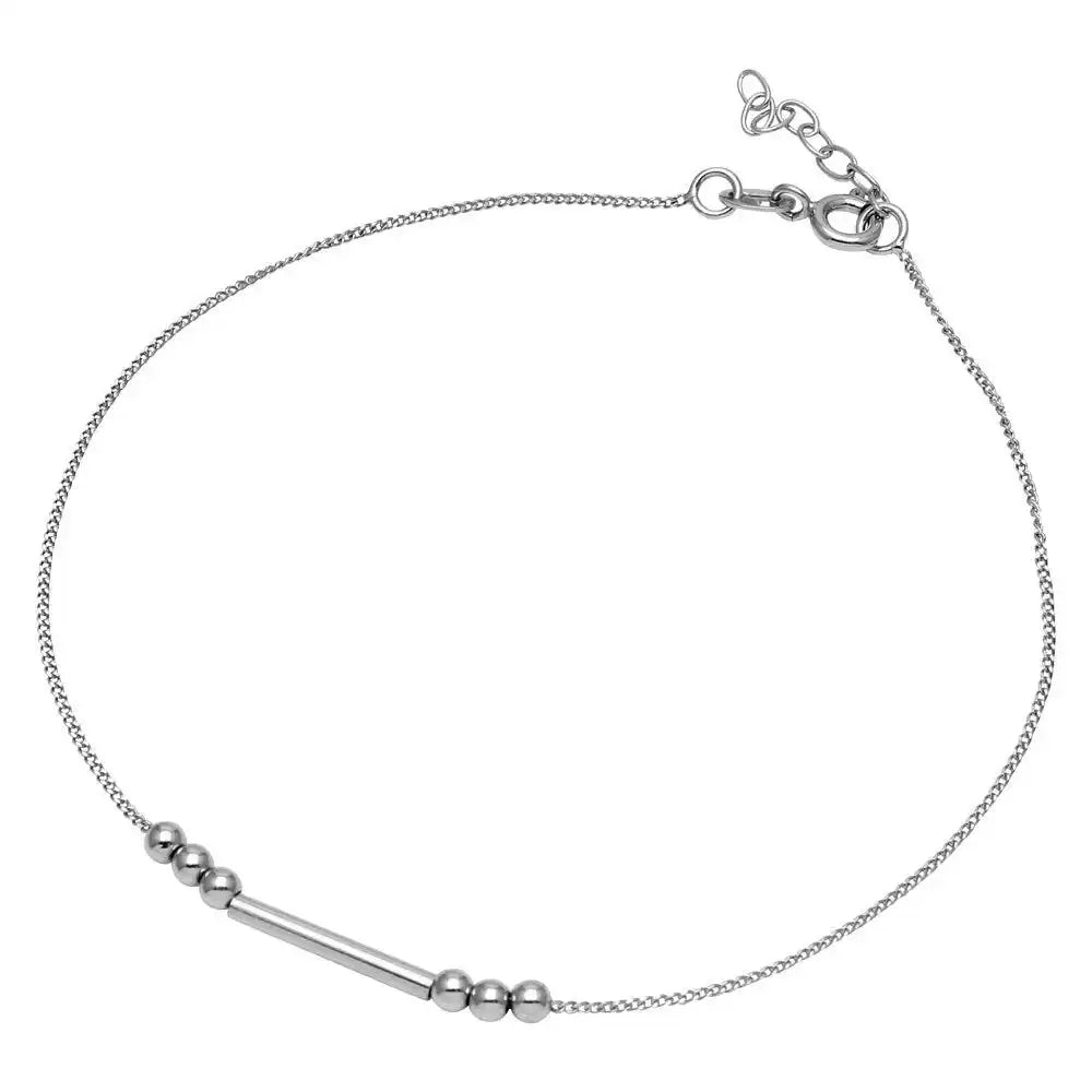 925 Sterling Silver Rhodium Plated Bar with Trio Bead Design Anklet