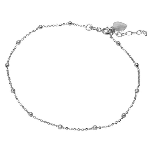 925 Sterling Silver Rhodium Plated DC Beads and Heart Anklet