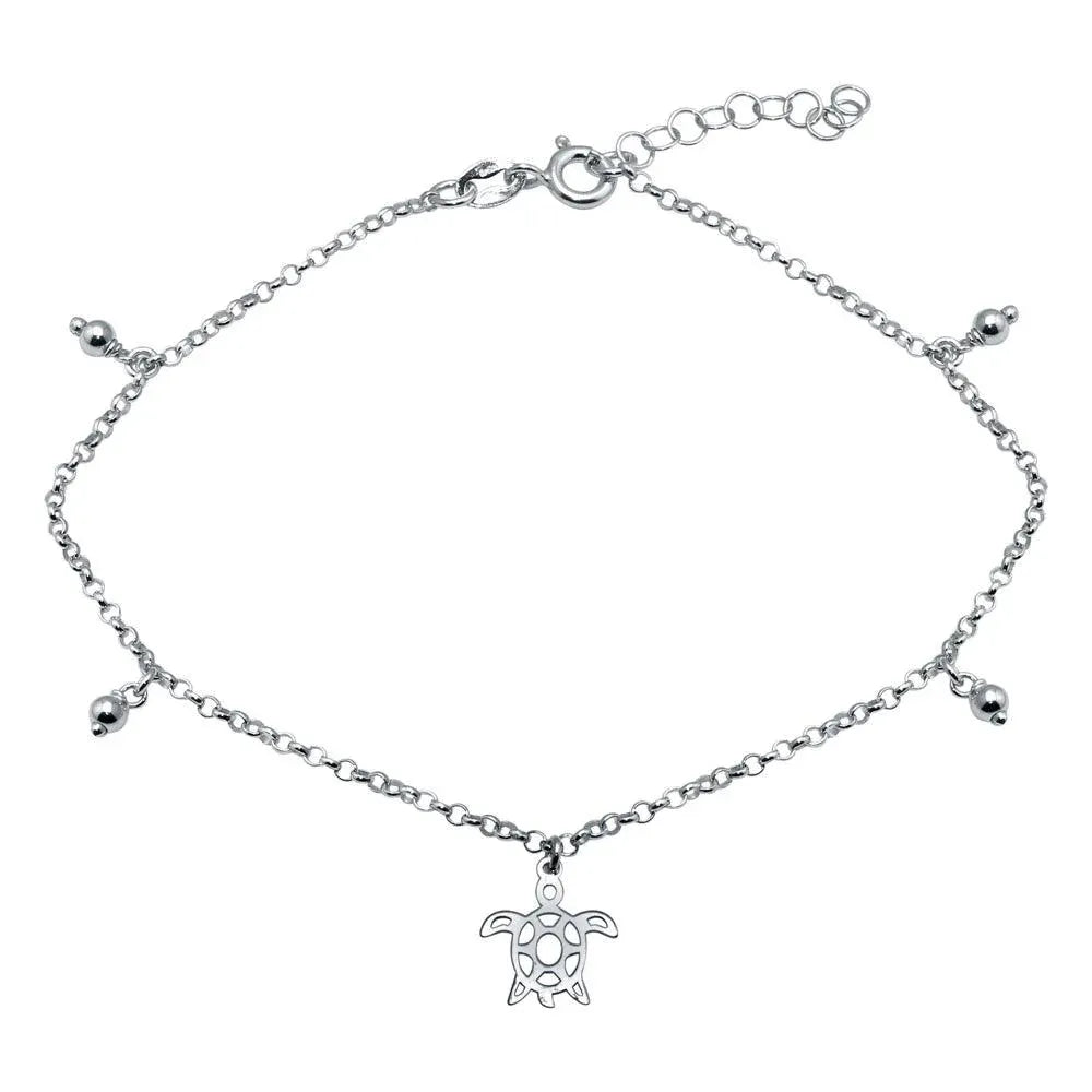 925 Sterling Silver Rhodium Plated Turtle Charm Anklet