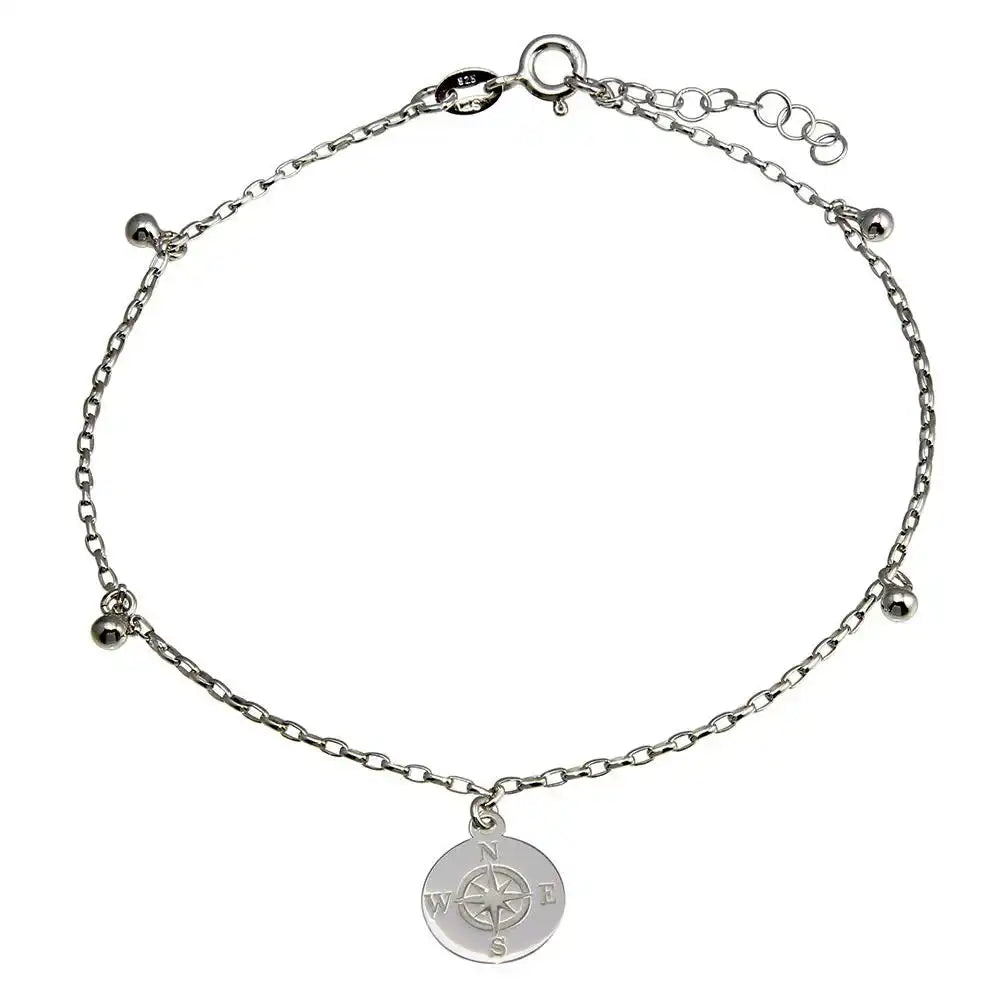 925 Sterling Silver Rhodium Plated Compass Disc with Dangling Beads Anklet