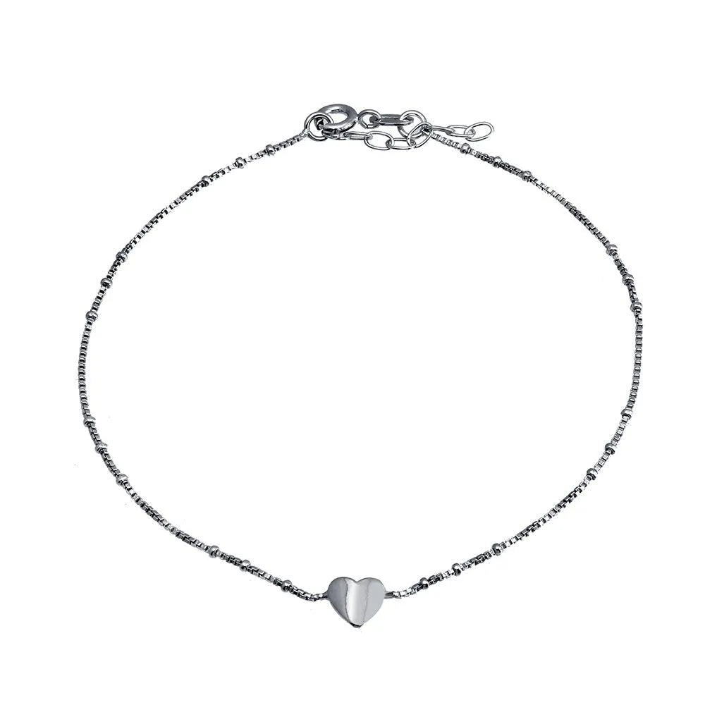 925 Sterling Silver Rhodium Plated Folded Heart Beaded Box Chain Anklet
