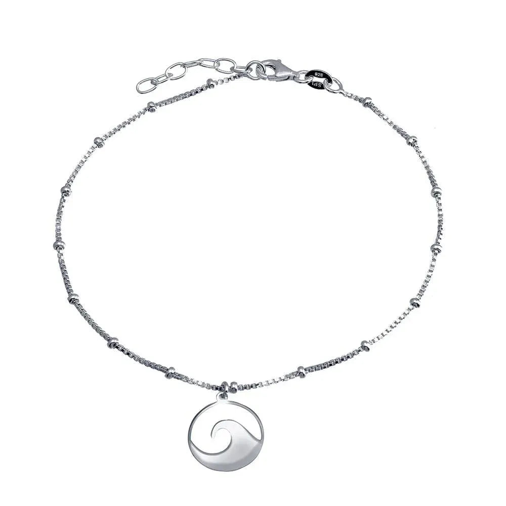 925 Sterling Silver Rhodium Plated Disc Wave Design Beaded Box Chain Anklet