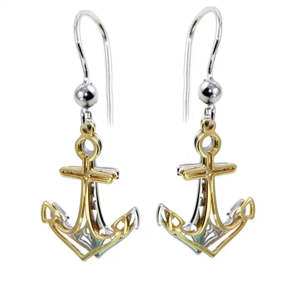 925 Sterling Silver Two-Tone Flat Anchor Earrings