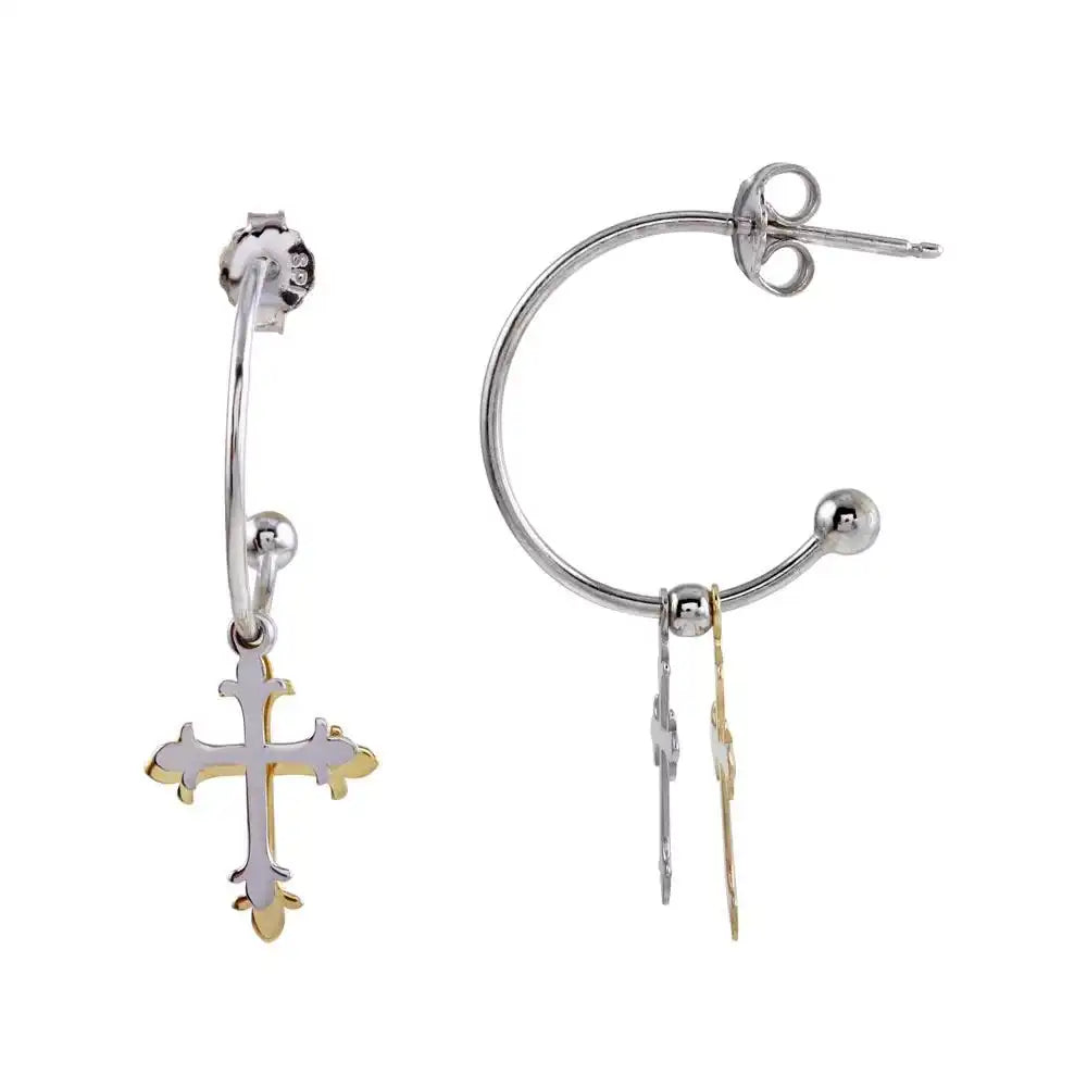 925 Sterling Silver Two-Tone Semi-Hoop Cross Earrings