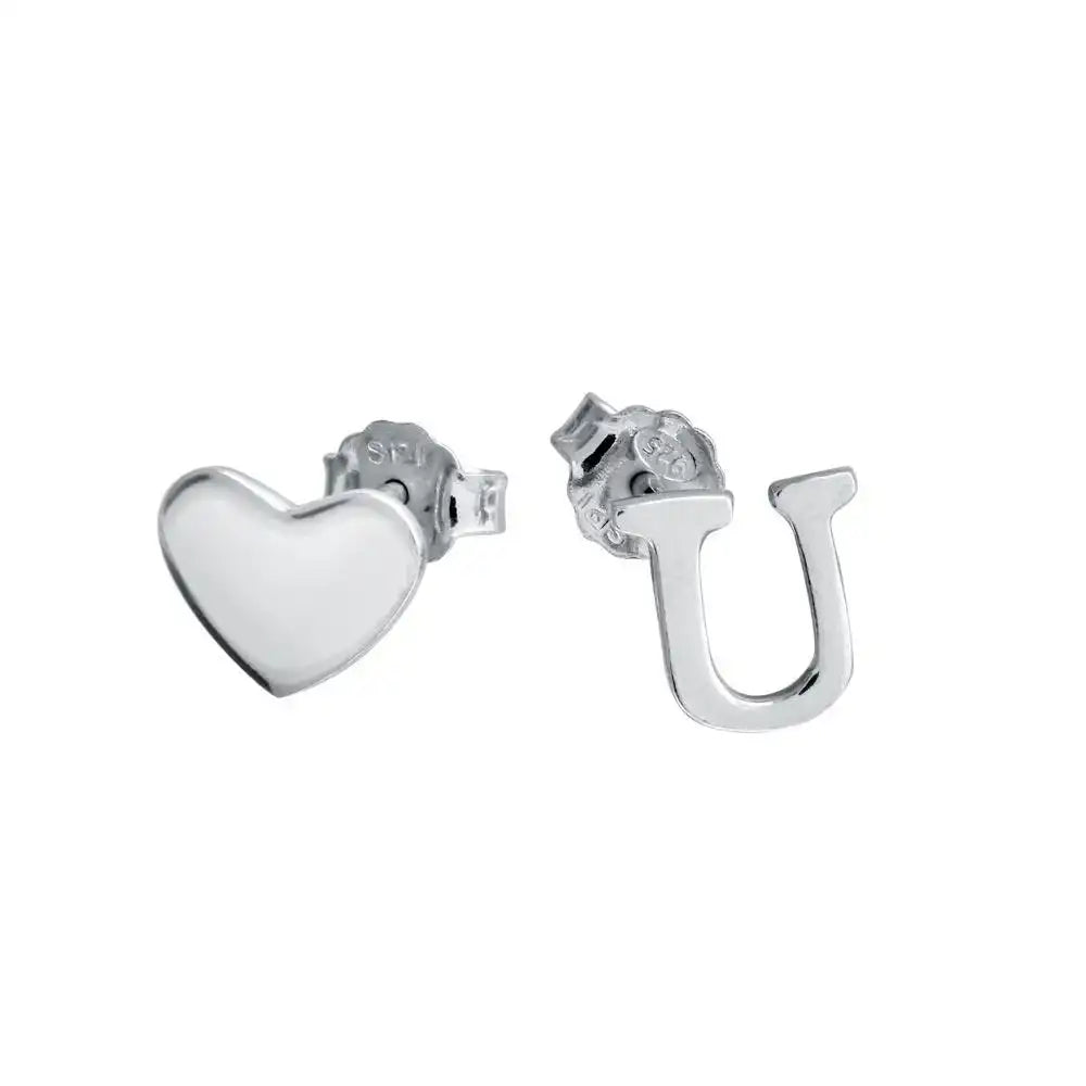 925 Sterling Silver Rhodium Plated Heart and U Earrings