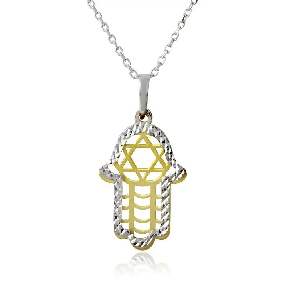 925 Sterling Silver Gold and Rhodium Plated Hamsa with Star of David Symbol Necklace