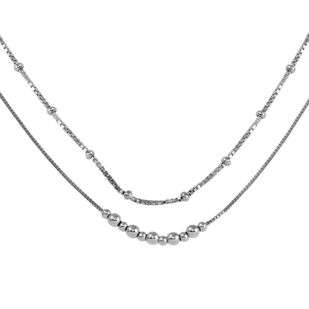 925 Sterling Silver Rhodium Plated Double Chain Bead Necklace