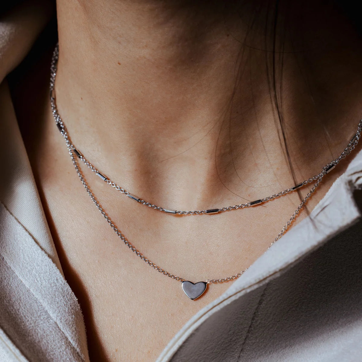 925 Sterling Silver Rhodium Plated Double Link Heart Pendant Necklace