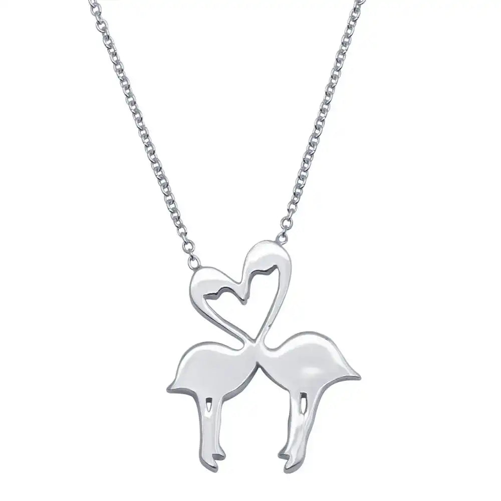 925 Sterling Silver Rhodium Plated Flat Flamingo Pendant Necklace