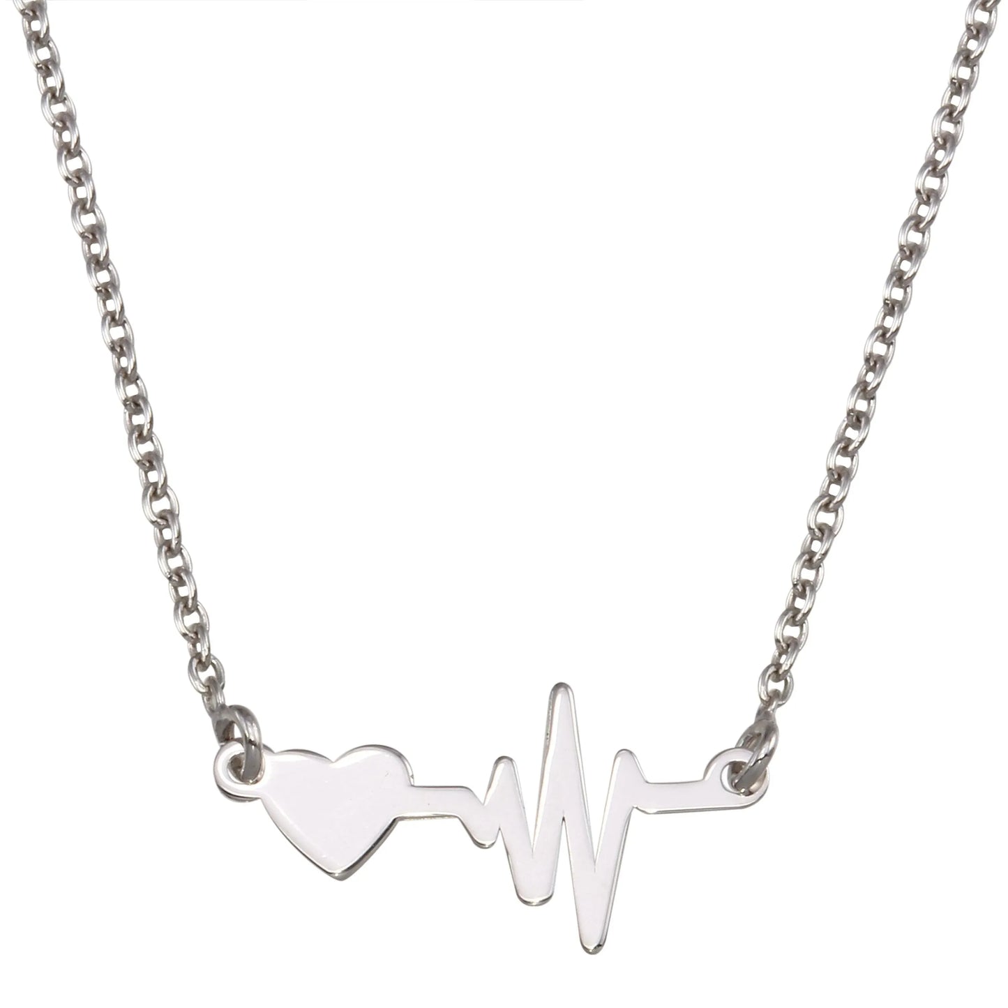 925 Sterling Silver Rhodium Plated Heart and Heartbeat Pendant Necklace