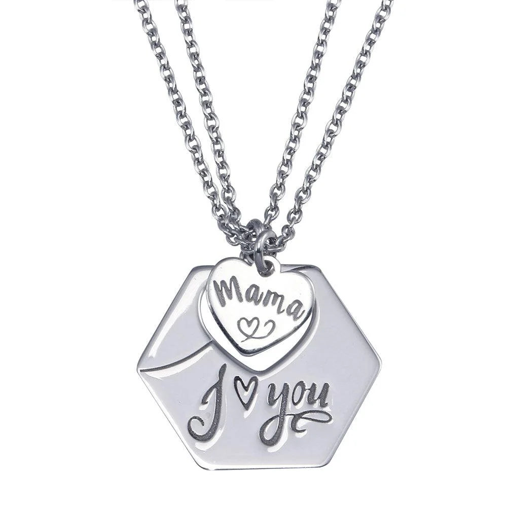 925 Sterling Silver Rhodium Plated Mama I Love You Hexagonal Pendant Necklace