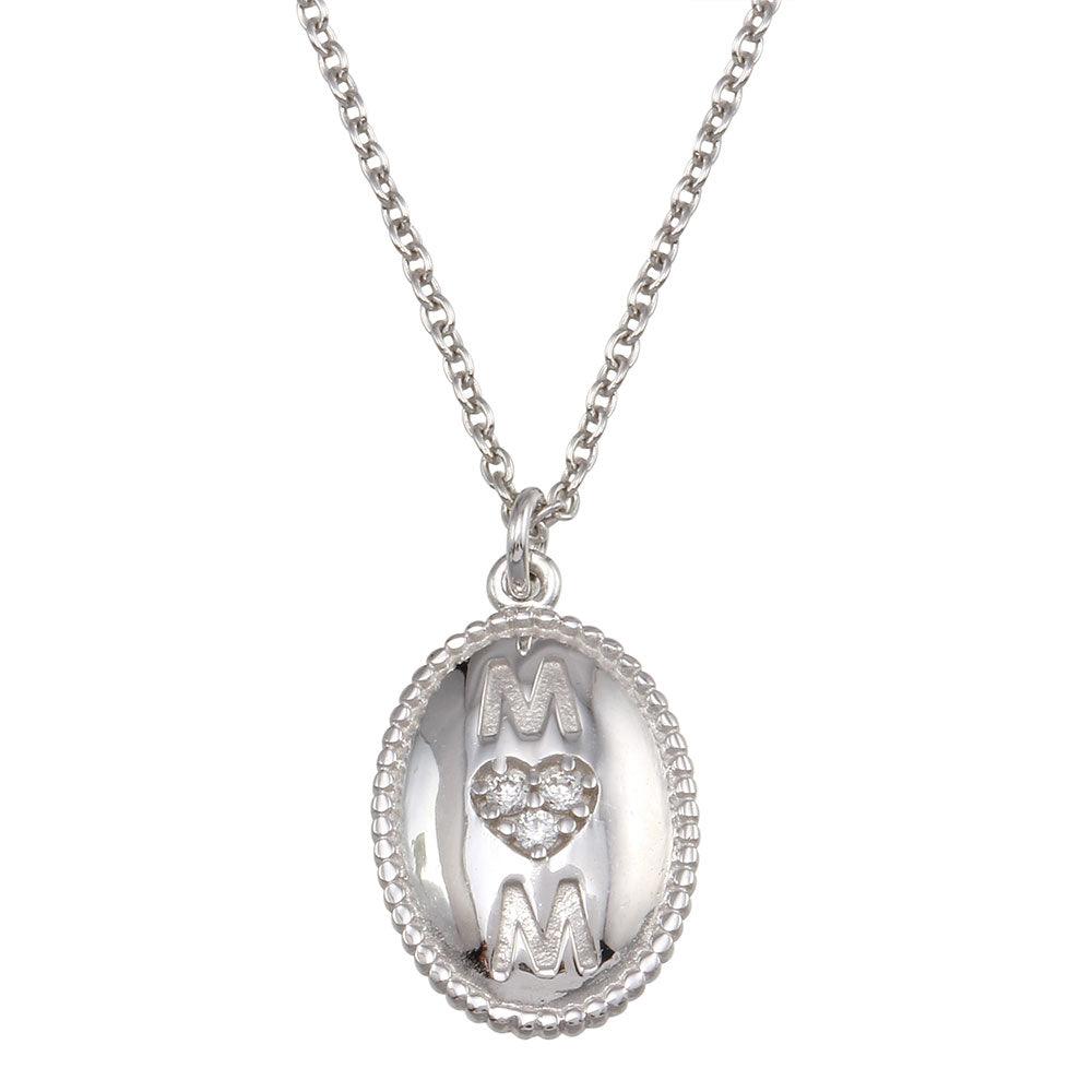 925 Sterling Silver Rhodium Plated Oval Mom Heart CZ Pendant Necklace