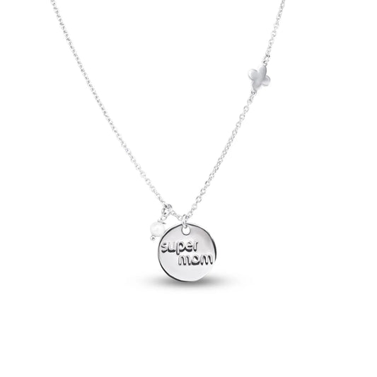 925 Sterling Silver Rhodium Plated Super Mom Four Leaf Clover and Pearl Necklace Pendant