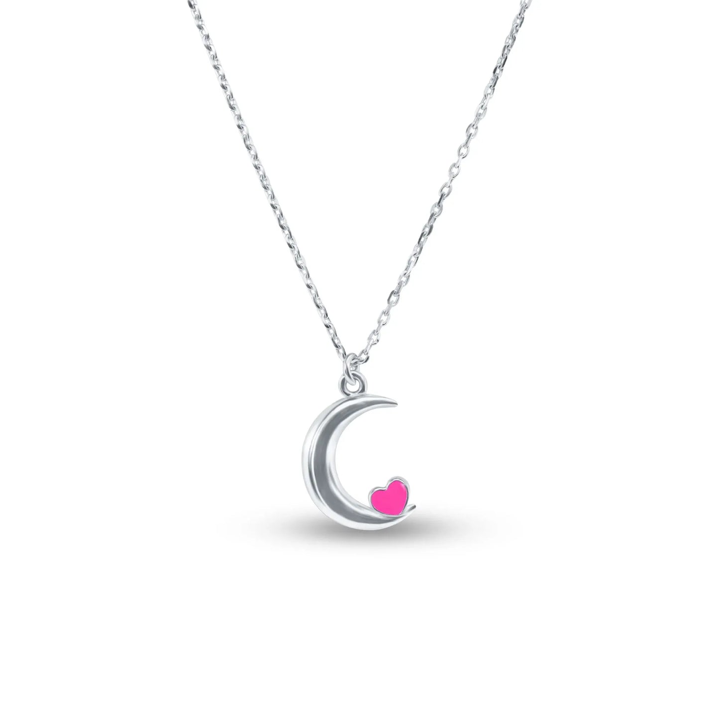 925 Sterling Silver Rhodium Plated Moon Pink Heart Enamel Necklace Pendant