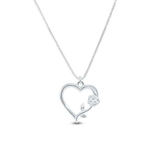 925 Sterling Silver Rhodium Plated Heart Rose Necklace Pendant