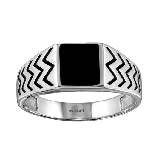 925 Sterling Silver Rhodium Plated Black Enamel Zig Zag Design Shank Ring