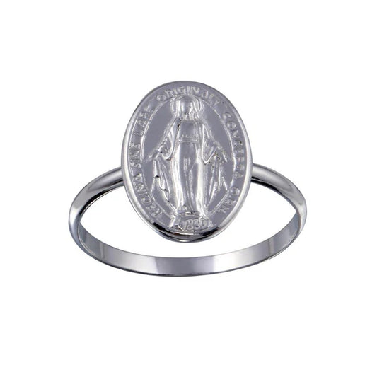 925 Sterling Silver High Polished Mary Medallion Ring