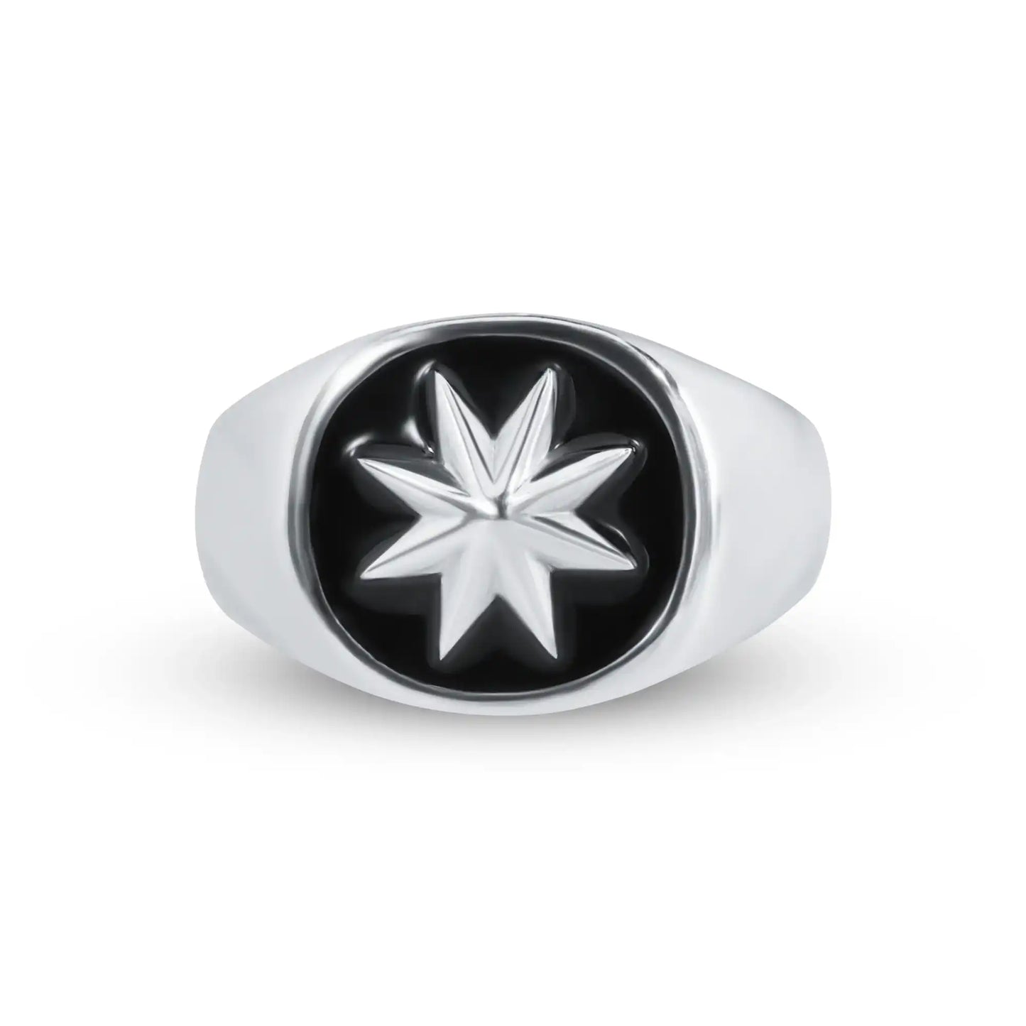 925 Sterling Silver High Polished Octagram Star Black Enamel Ring