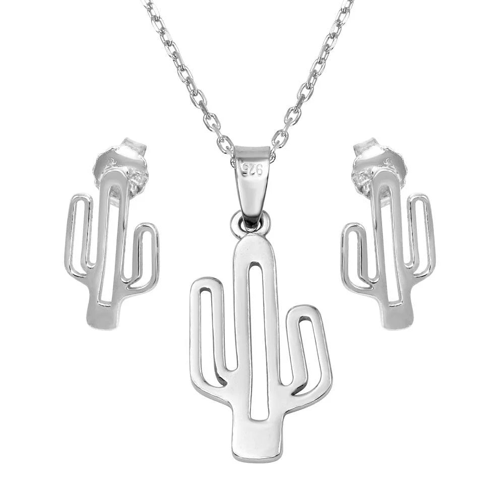 925 Sterling Silver Rhodium Plated Outline Cactus Set