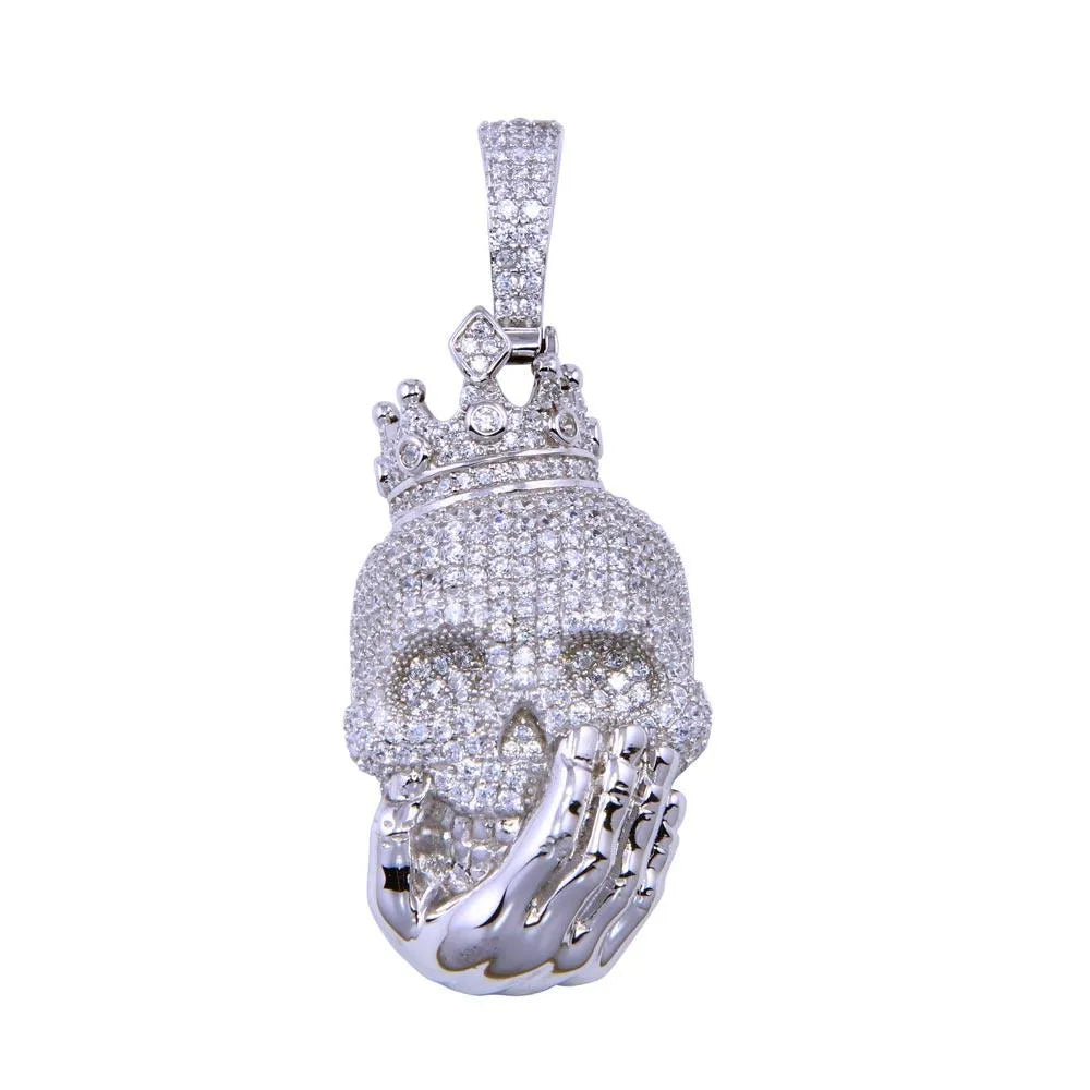 925 Sterling Silver Rhodium Plated CZ Skull with Hand Pendant