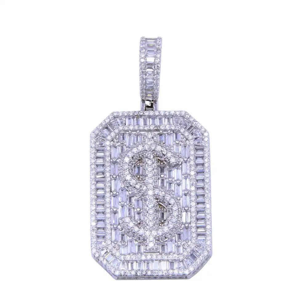 925 Sterling Silver Rhodium Plated CZ Dollar Sign Tag Pendant
