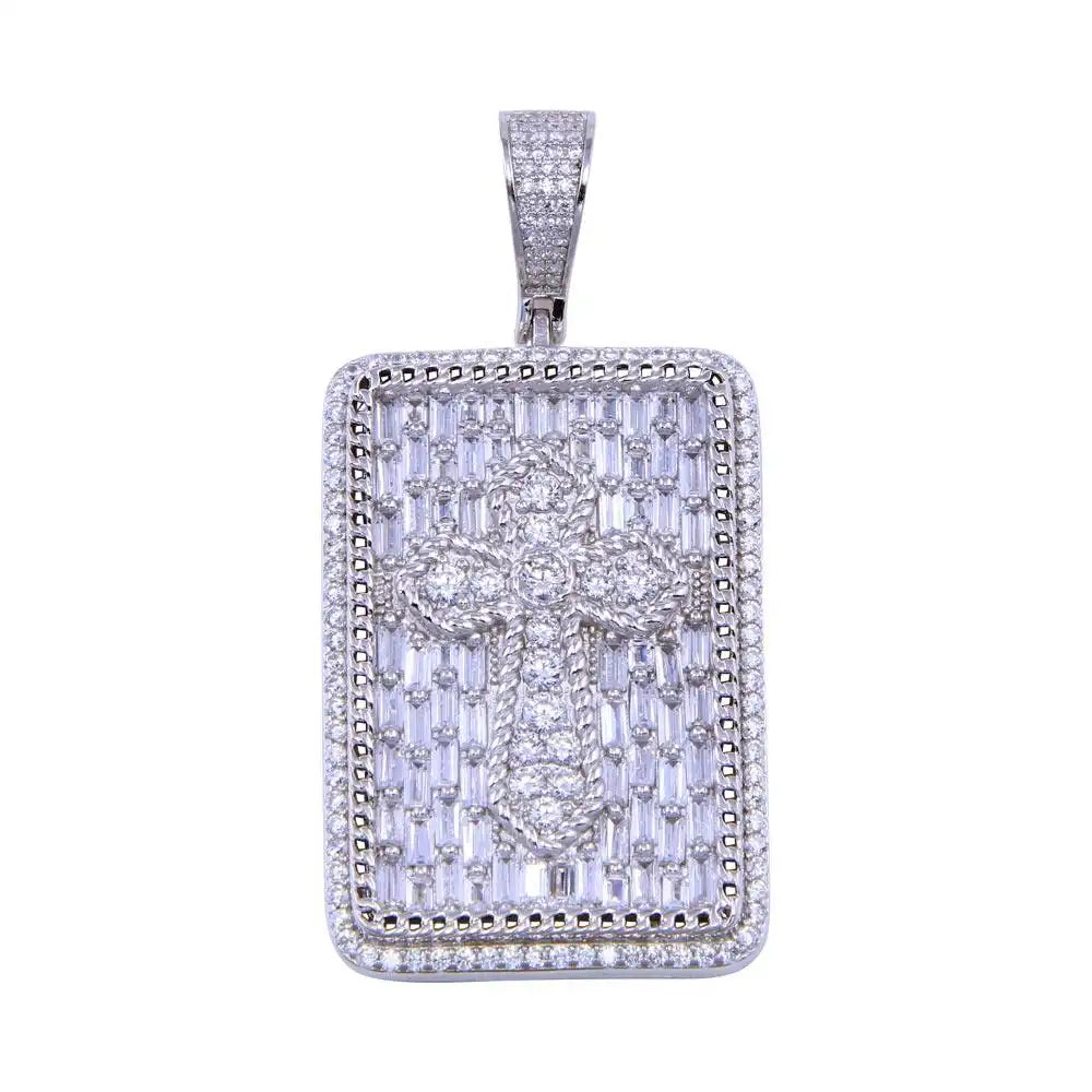 925 Sterling Silver Rhodium Plated CZ Cross Tag Pendant