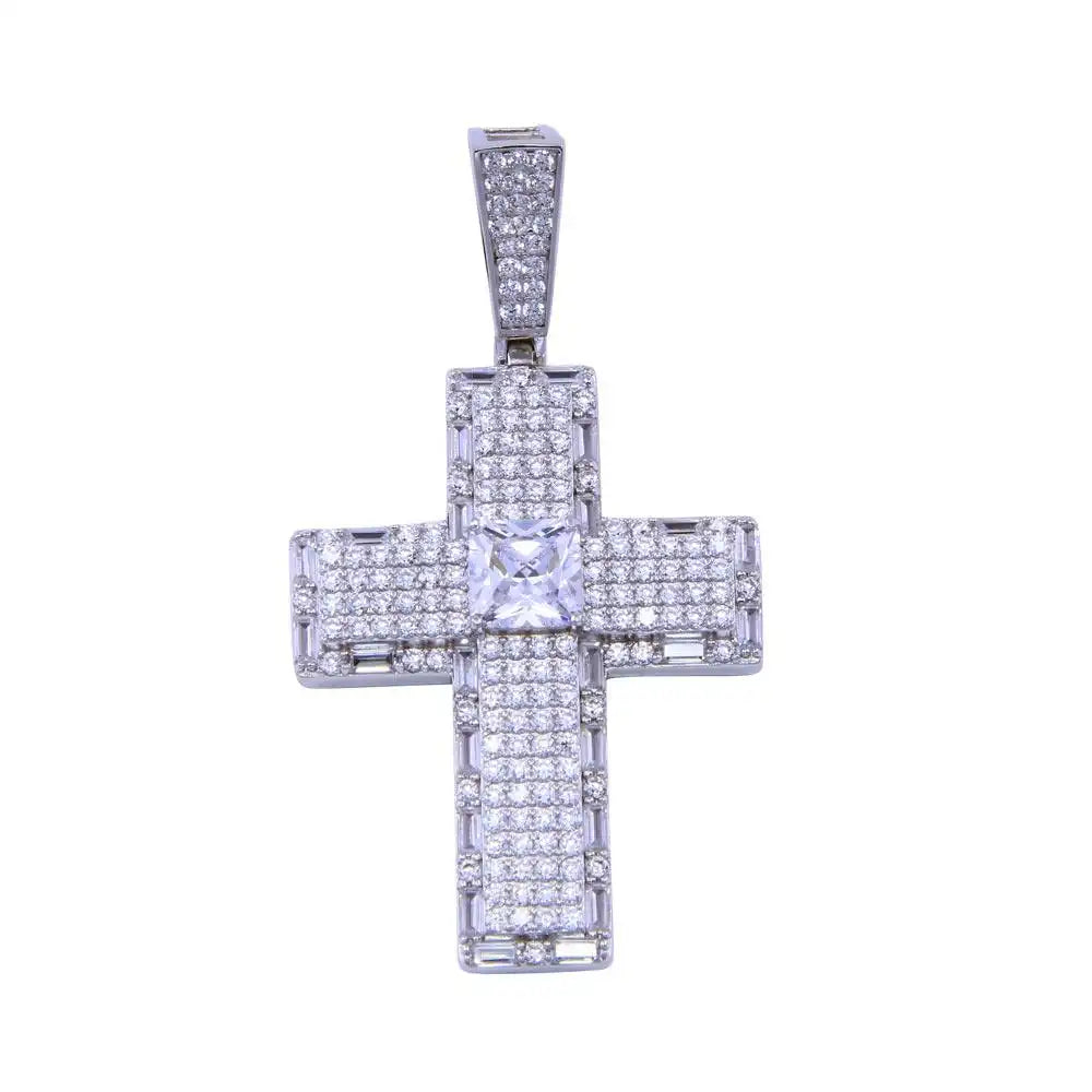 925 Sterling Silver Rhodium Plated CZ Cross Square Center Stone Pendant