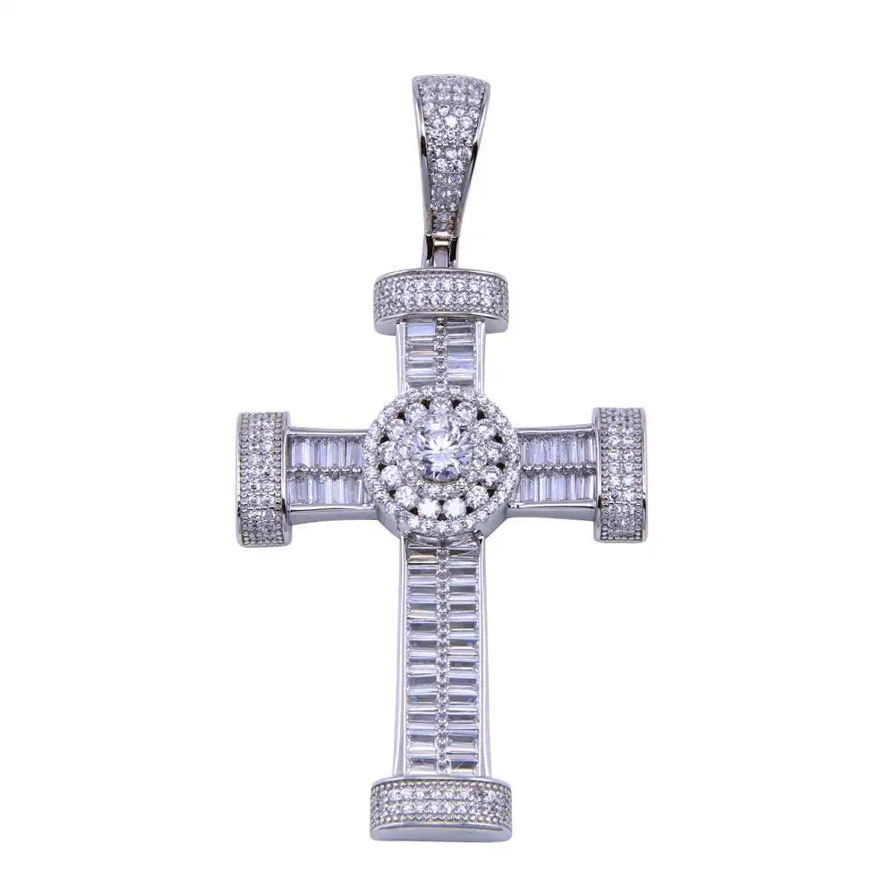 925 Sterling Silver Rhodium Plated CZ Disc Center Cross Pendant