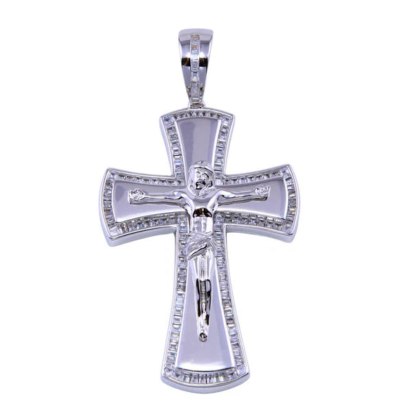 925 Sterling Silver Rhodium Plated Baguette CZ Cross Pendant