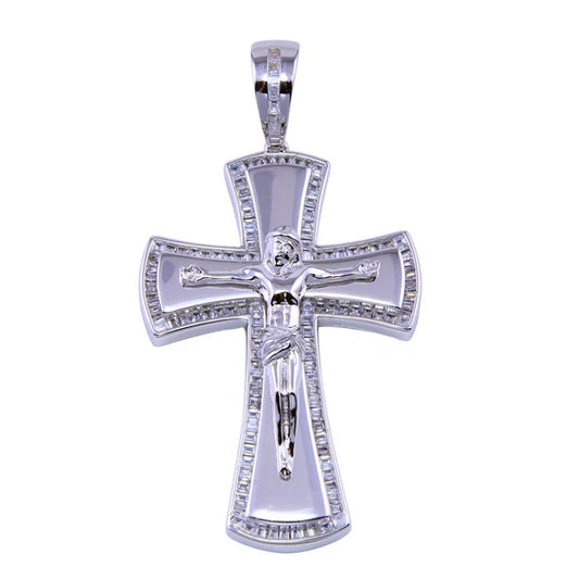 925 Sterling Silver Rhodium Plated Baguette CZ Cross Pendant