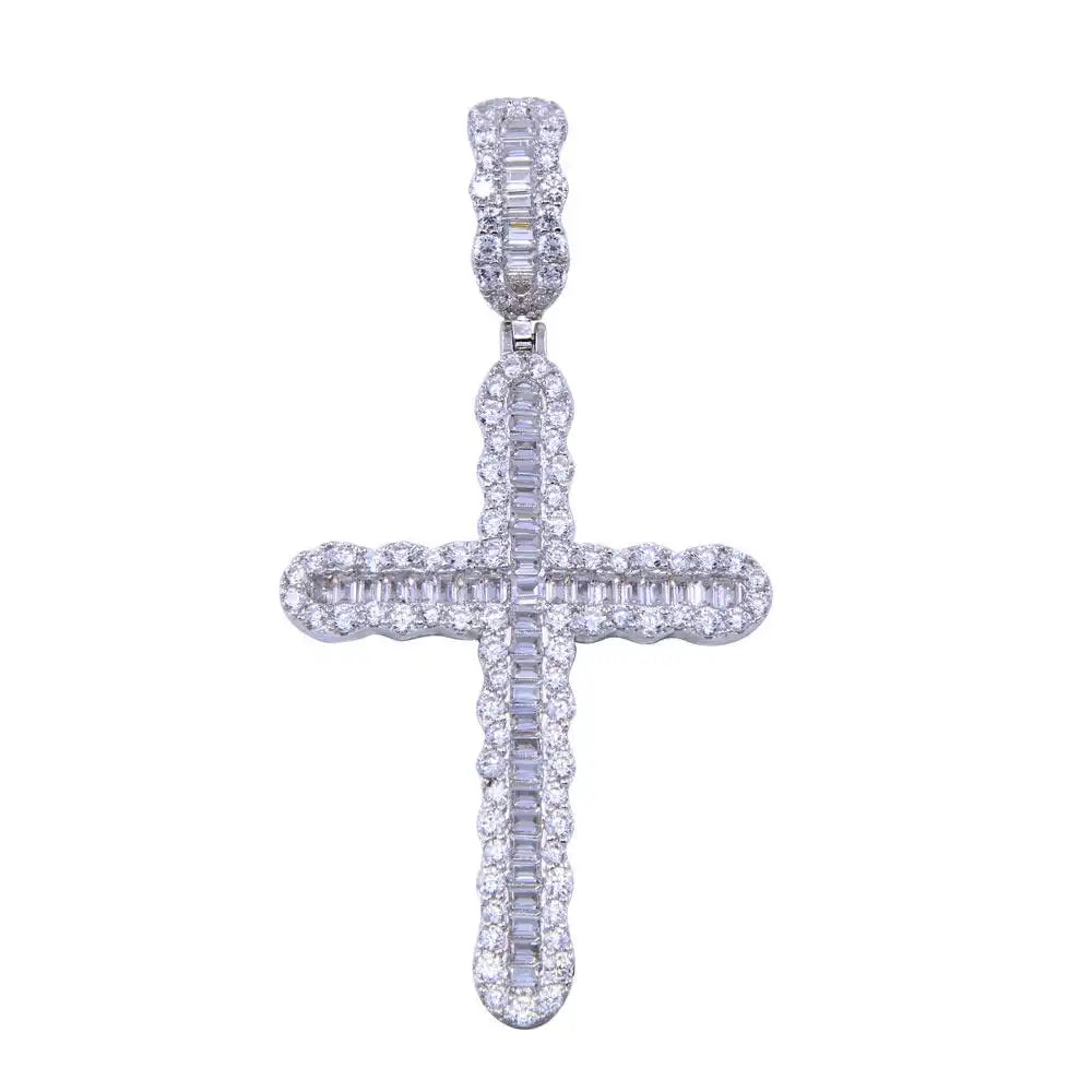 925 Sterling Silver Rhodium Plated CZ Bordered Cross Pendant