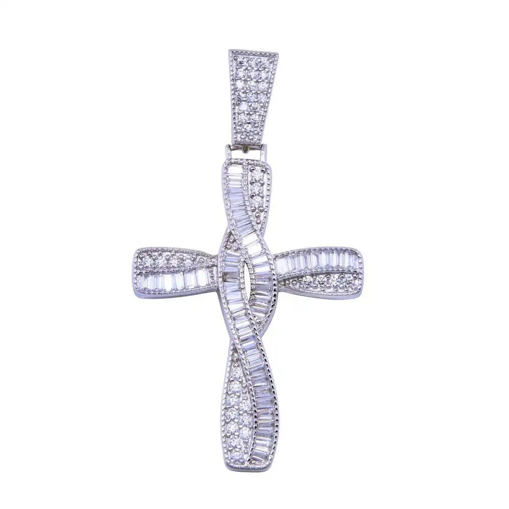 925 Sterling Silver Rhodium Plated CZ Wave Cross Pendant