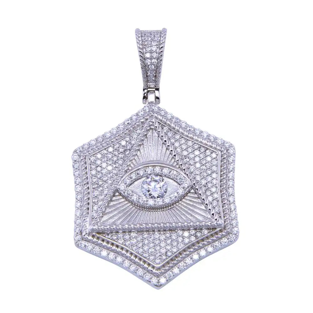 925 Sterling Silver Rhodium Plated CZ Triangle Eye Pendant