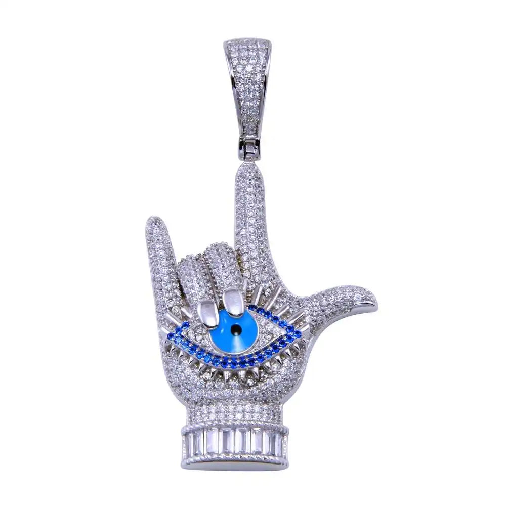 925 Sterling Silver Rhodium Plated CZ Rock On Eye Pendant