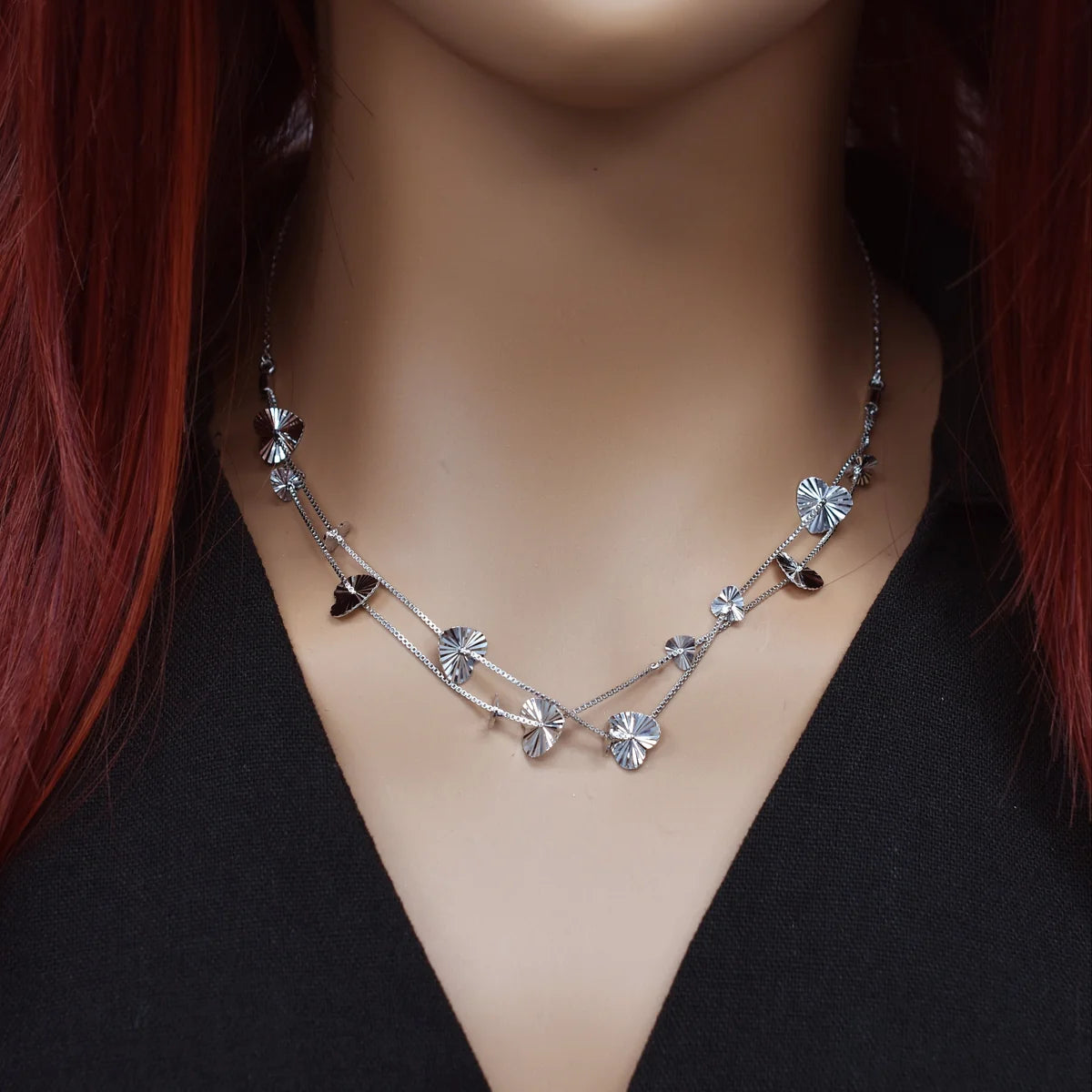 925 Sterling Silver Rhodium Plated DC Multi Heart Necklace