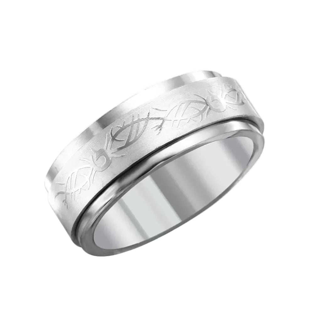 Stainless Steel Rhodium Plated Tribal Barbwire Design Men's Spinner Ring