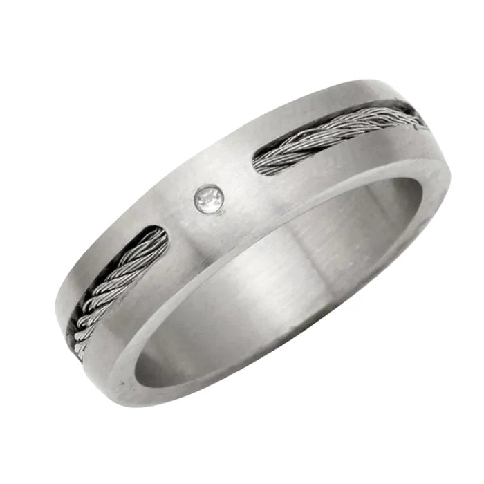 Stainless Steel Rhodium Plated Cable Inlay & CZ Men's Ring